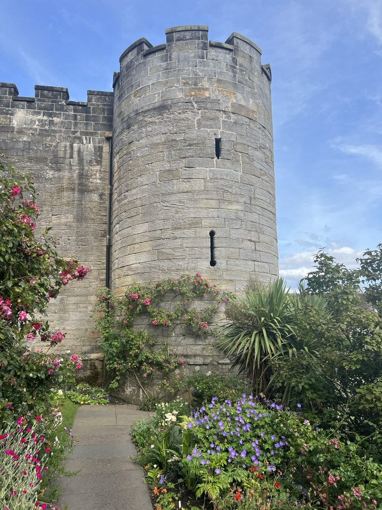 The round stone tower of Stirling Castle. The tower has two slit like openings in the walls. These slits were used for the archers to defend the tower. Across the top of the tower the roof line is notched - also to allow for defenses. The garden area is at the bottom of the tower and vines and greenery reach part of the way up the tower.