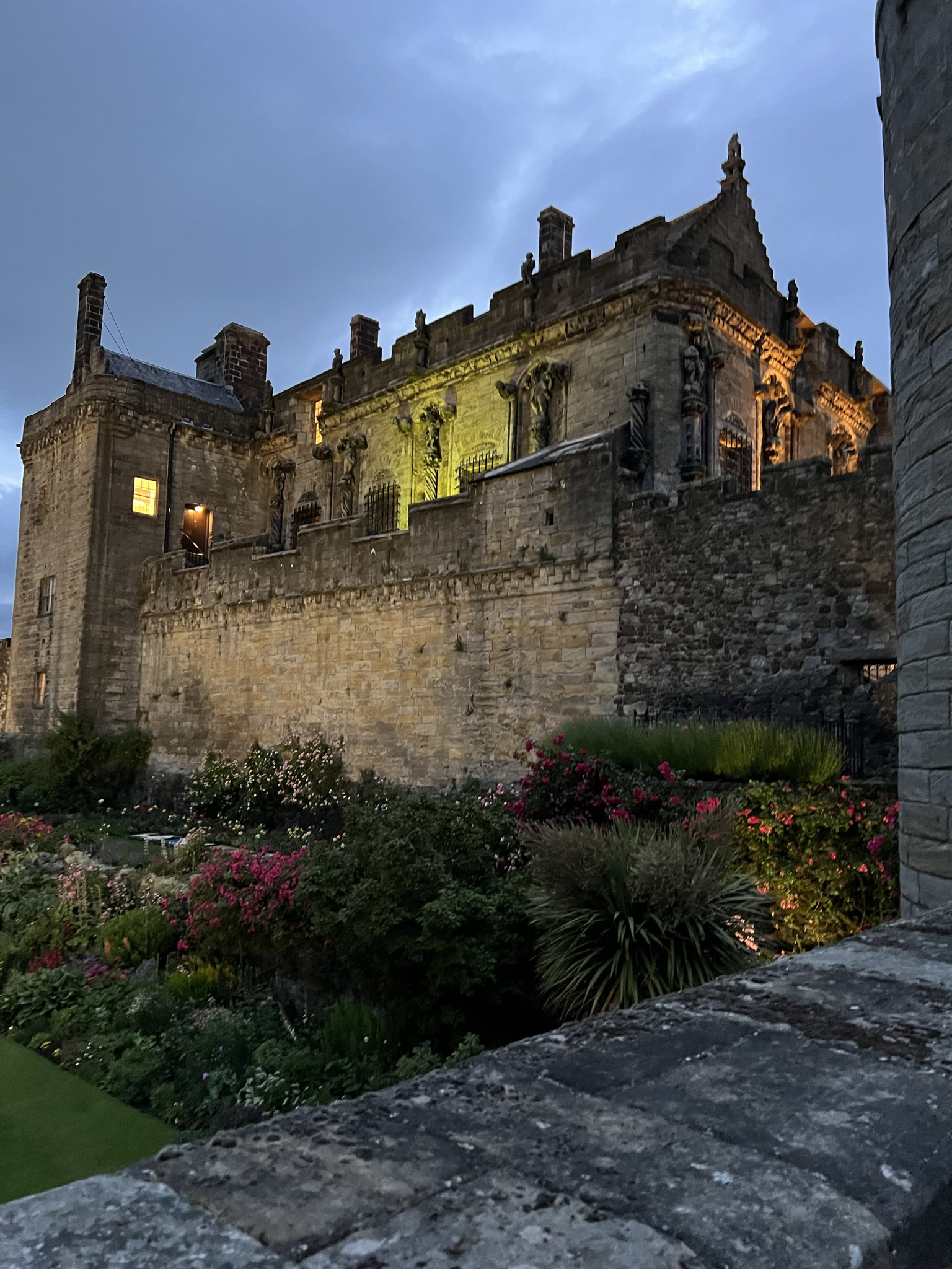 The castle from the gardens at night. 