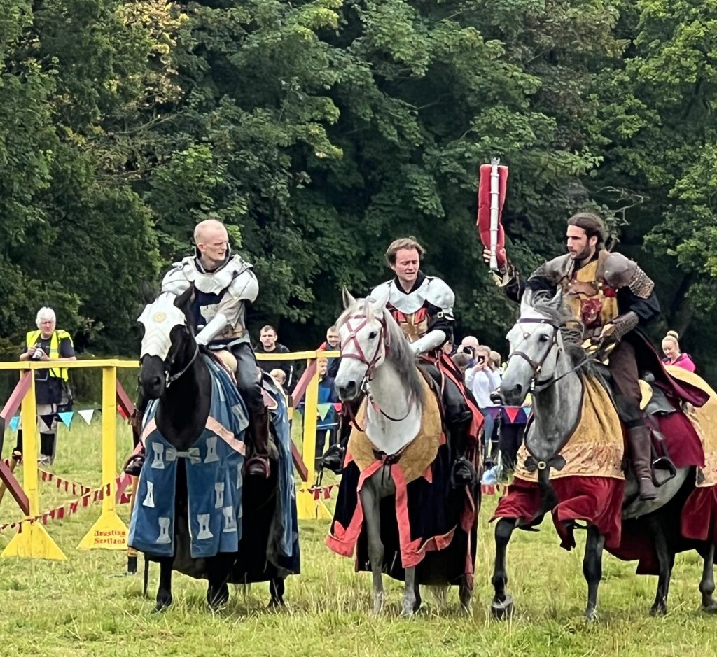 Three men on horseback in period costumes. The horses are draped in the colors of the knight. The black horse is draped in blue with castle images embroidered in silver. The drape covers the front legs and rear quarters. The white horse is covered in a black drape with brown suede looking edges and pink trim. The gray horse is draped in brown with marron trim. The knights are wearing padded shoulder and neck pieces to resemble armor and their clothes are the same colors as their horses.