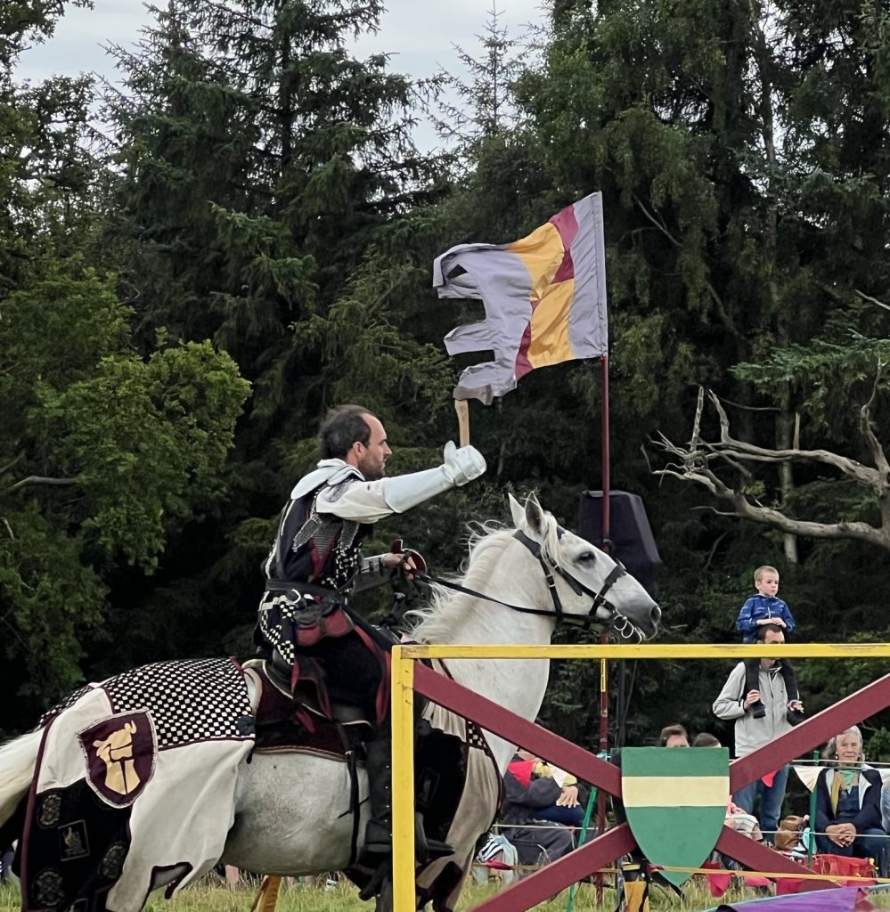 Knight on the white horse with the black and white checked drape. the knight has an axe raised in one hand.