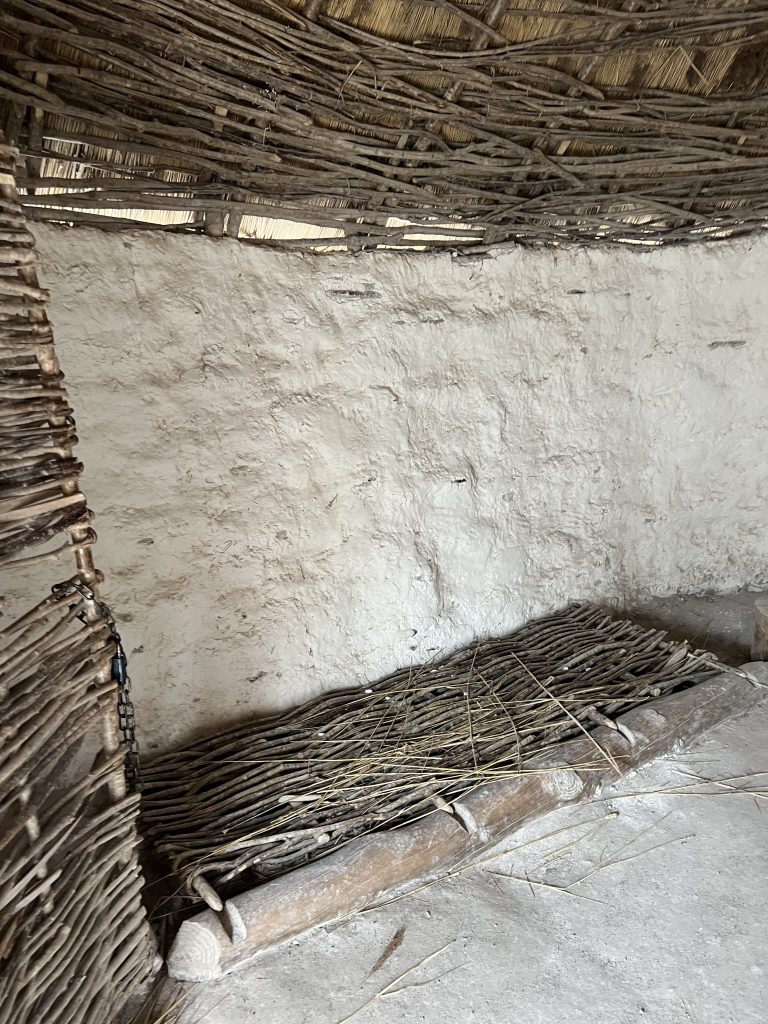 Inside the hut you see the chalk like mud which gives the walls a white appearance. the thatched roof is tightly woven with sticks, but there are still many gaps where the wind would've gotten inside. A sleeping space of woven twigs outlined with larger logs is tucked into the wall. The floor is covered int the chalk mud mixture.