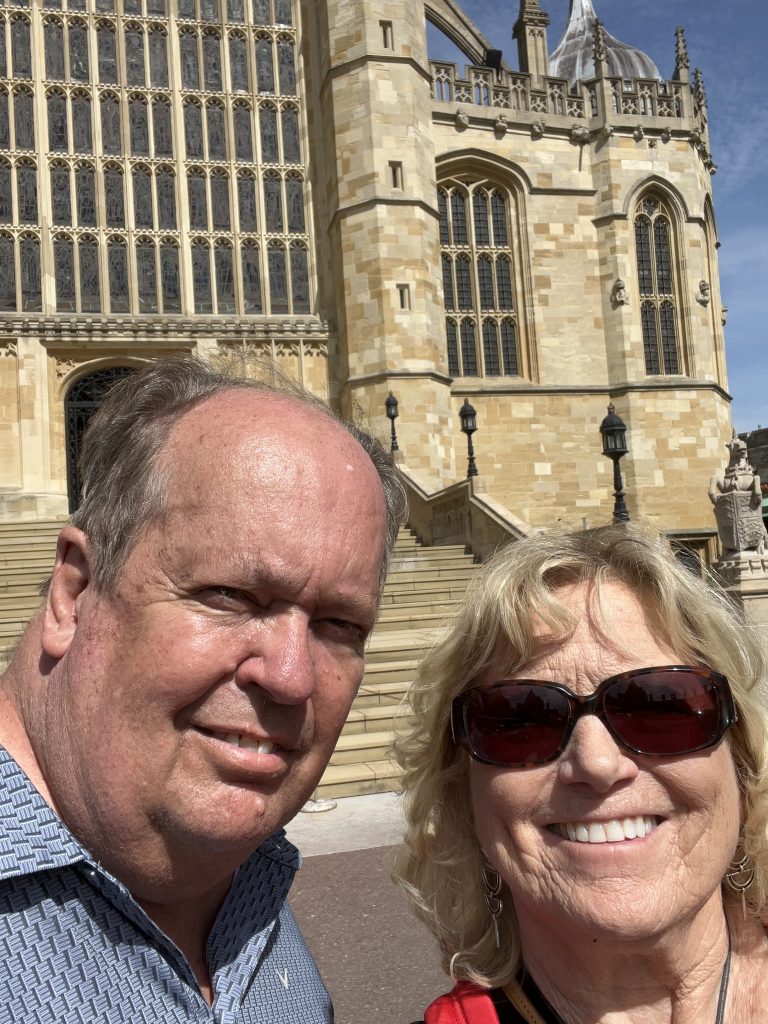 Kenny and Kay in front of the entrance to St. George's Chapel at Windsor Castle.