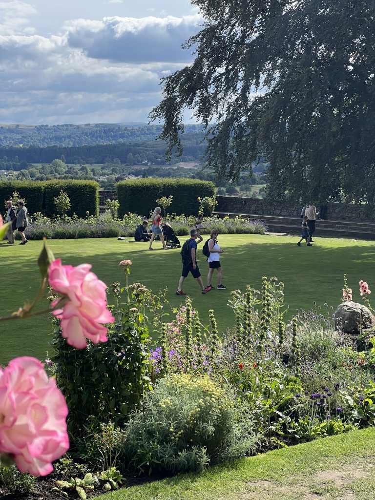 Pink roses in the foreground of the flower bed.  The green grassy area leading to a flowerbed and hedge in the back of the garden with a view of the mountains in the background. 